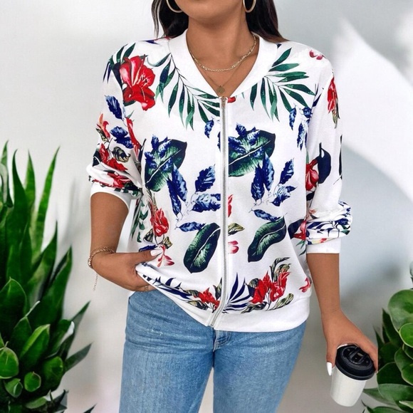 New Women's Tropical Plant Print Baseball Collar Jacket - Picture 11 of 16